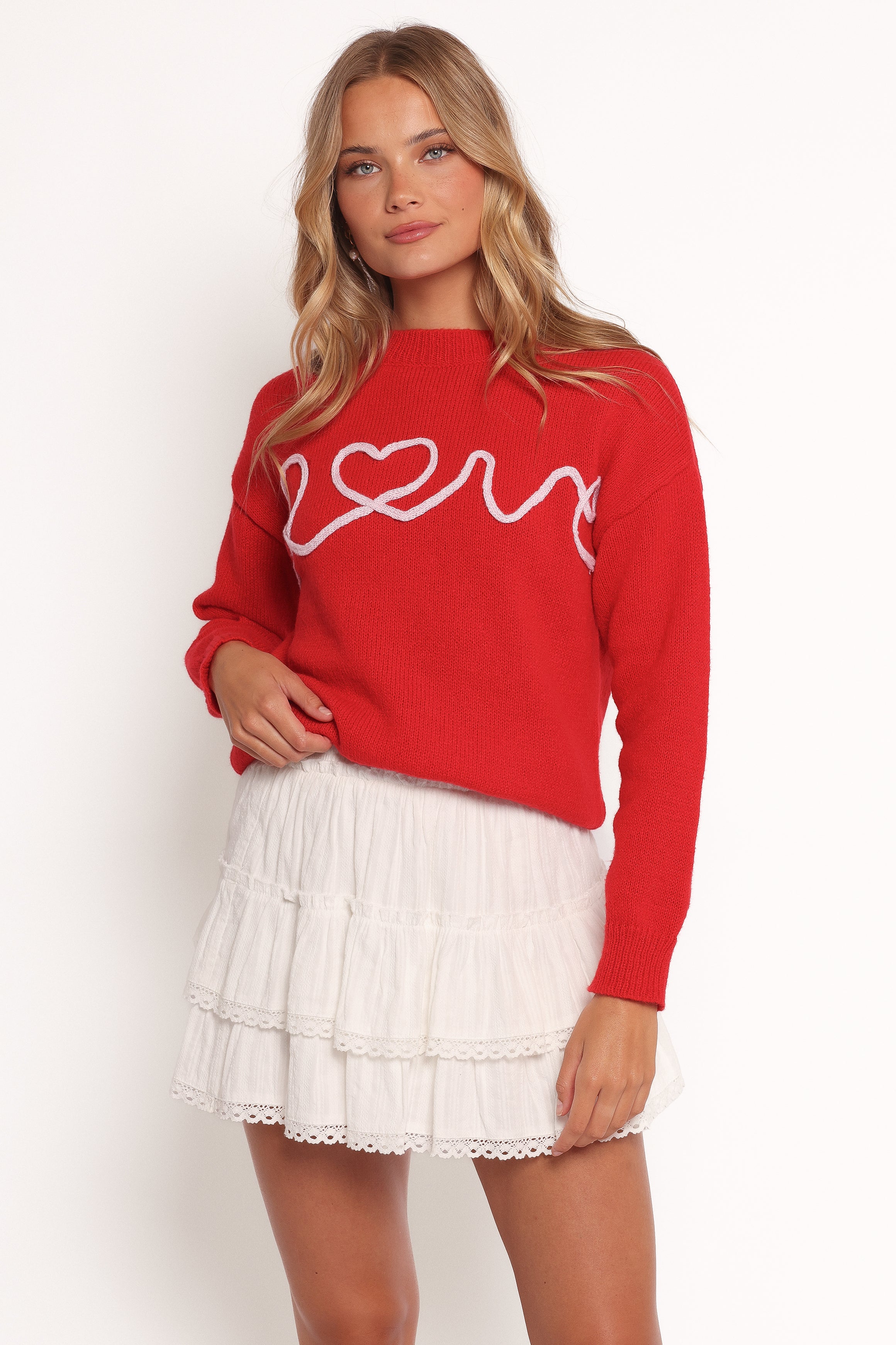Petal and Pup USA KNITWEAR Love Embroidered Knit Sweater - Red