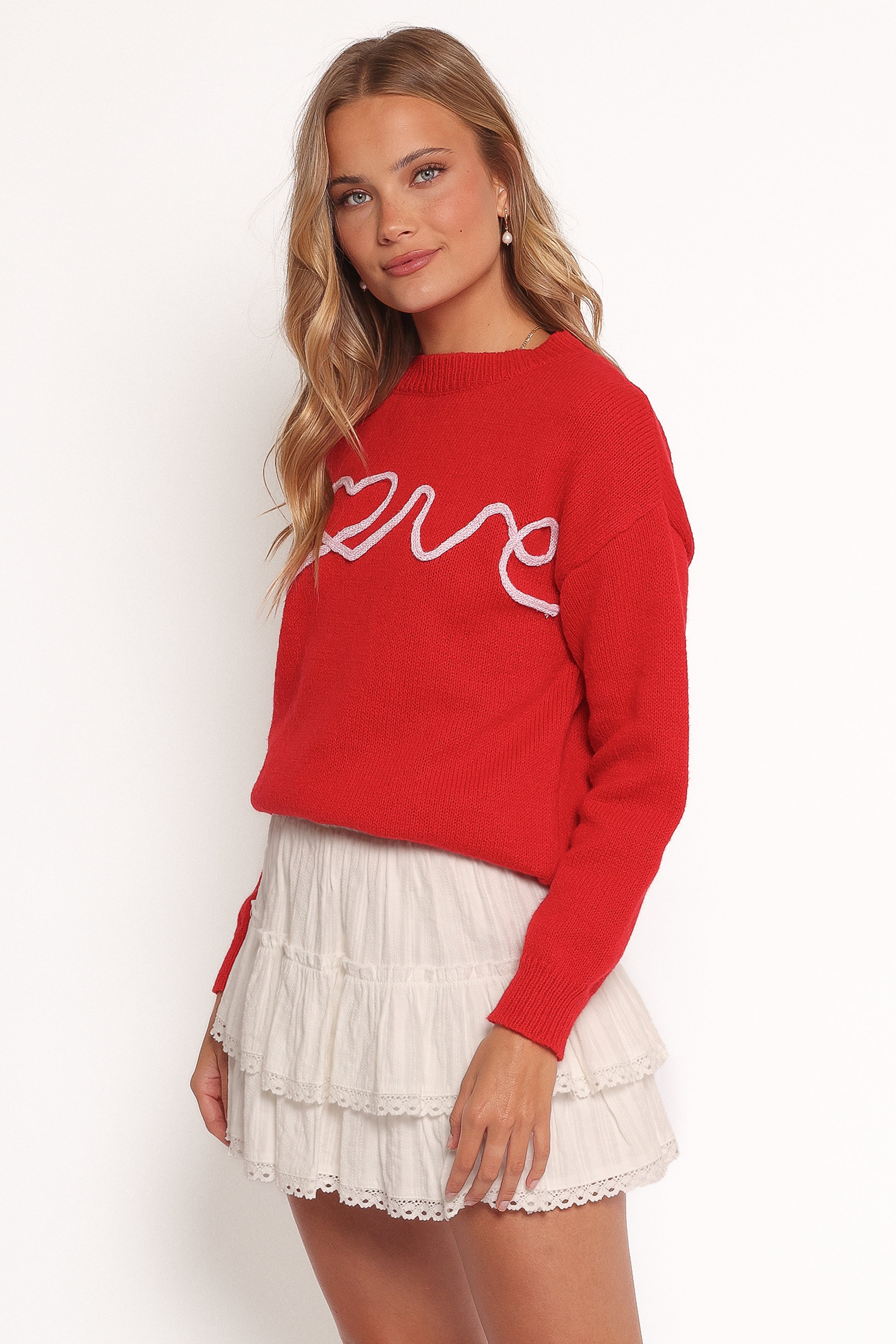 Petal and Pup USA KNITWEAR Love Embroidered Knit Sweater - Red