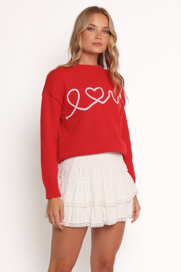 Petal and Pup USA KNITWEAR Love Embroidered Knit Sweater - Red