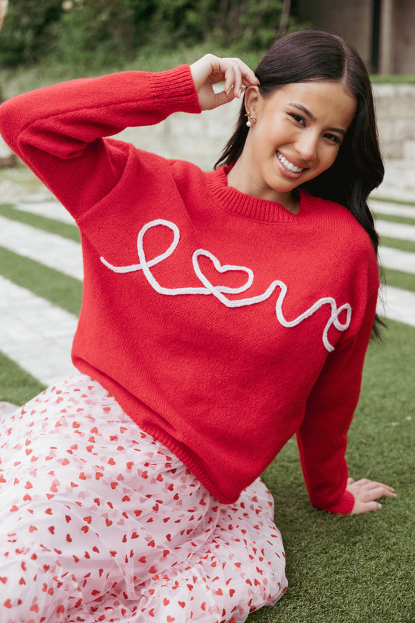 Petal and Pup USA KNITWEAR Love Embroidered Knit Sweater - Red