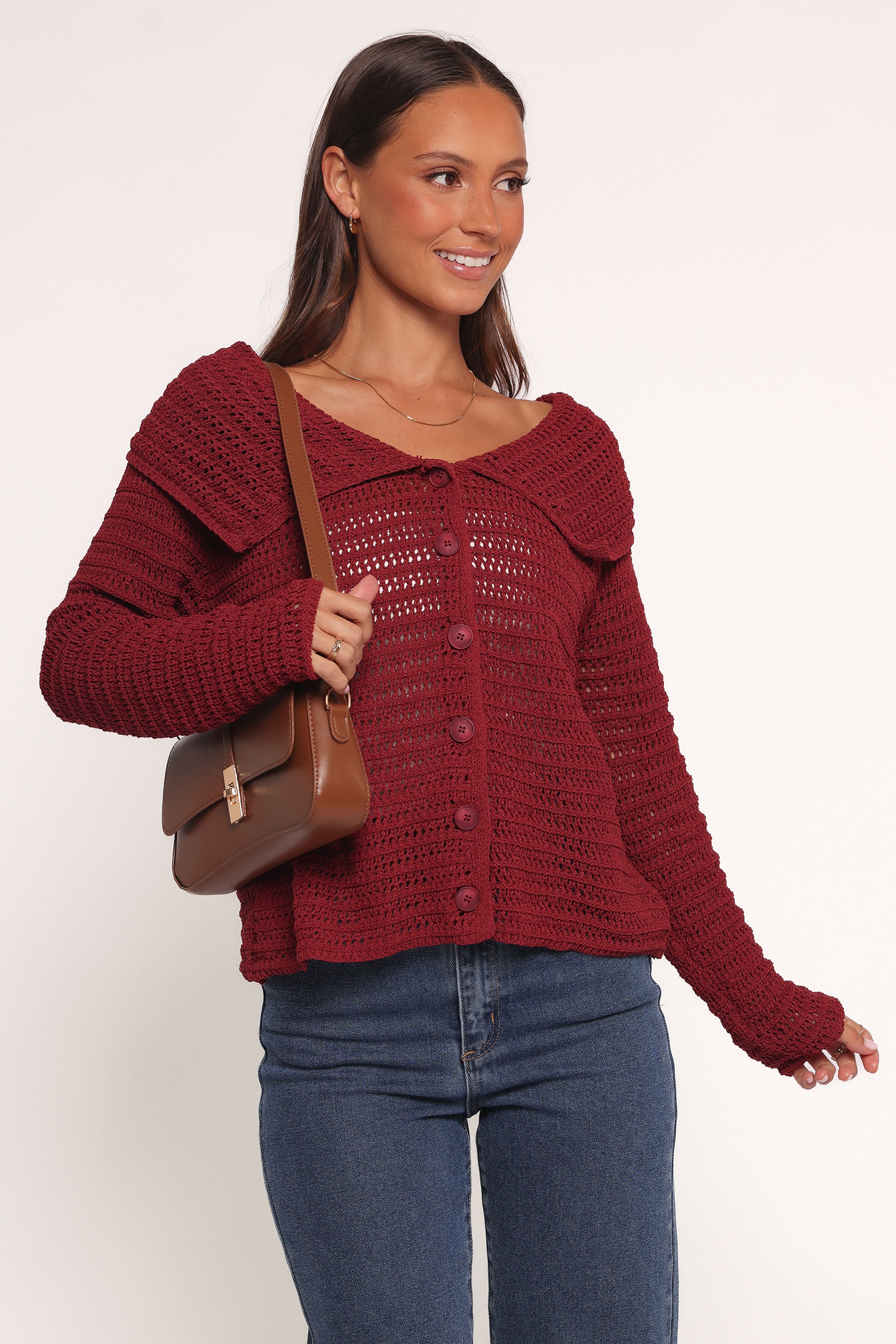 Petal and Pup USA KNITWEAR Lyra Large Collar Cardigan - Burgundy
