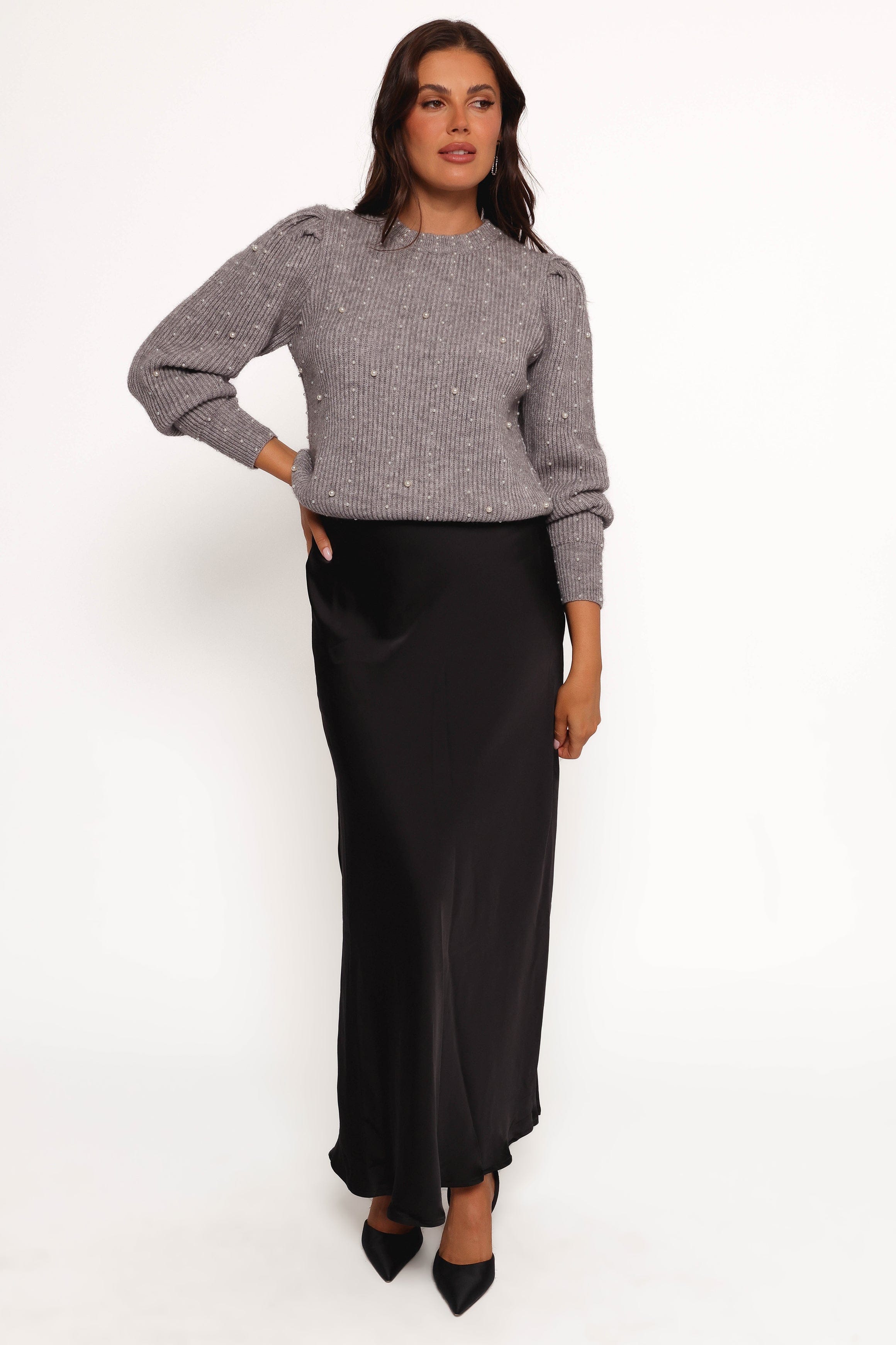 Petal and Pup USA KNITWEAR Makena Pearl Detail Knit Sweater - Heather Grey