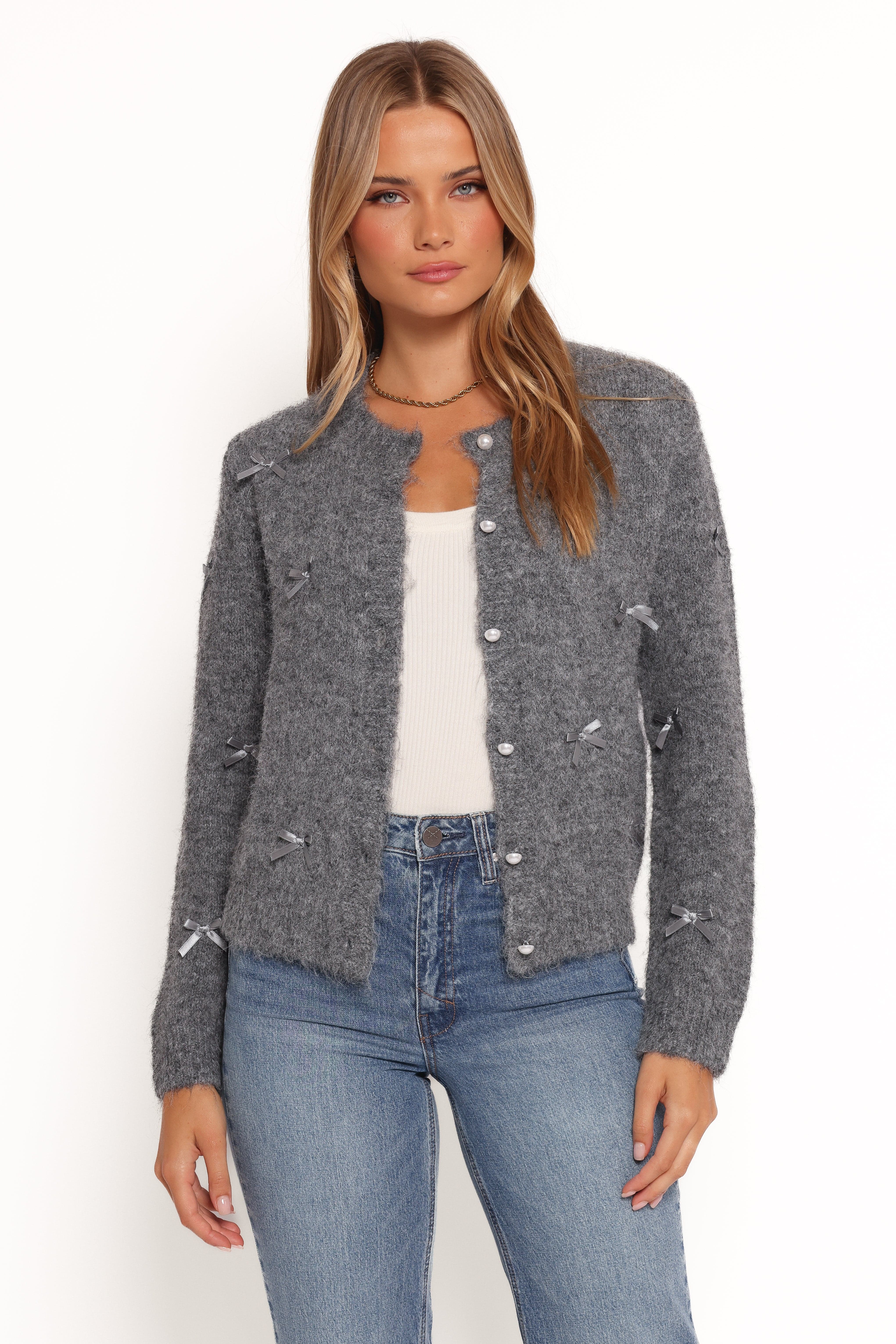 Mellie All Over Bow Button Front Cardigan - Grey | Petal & Pup USA