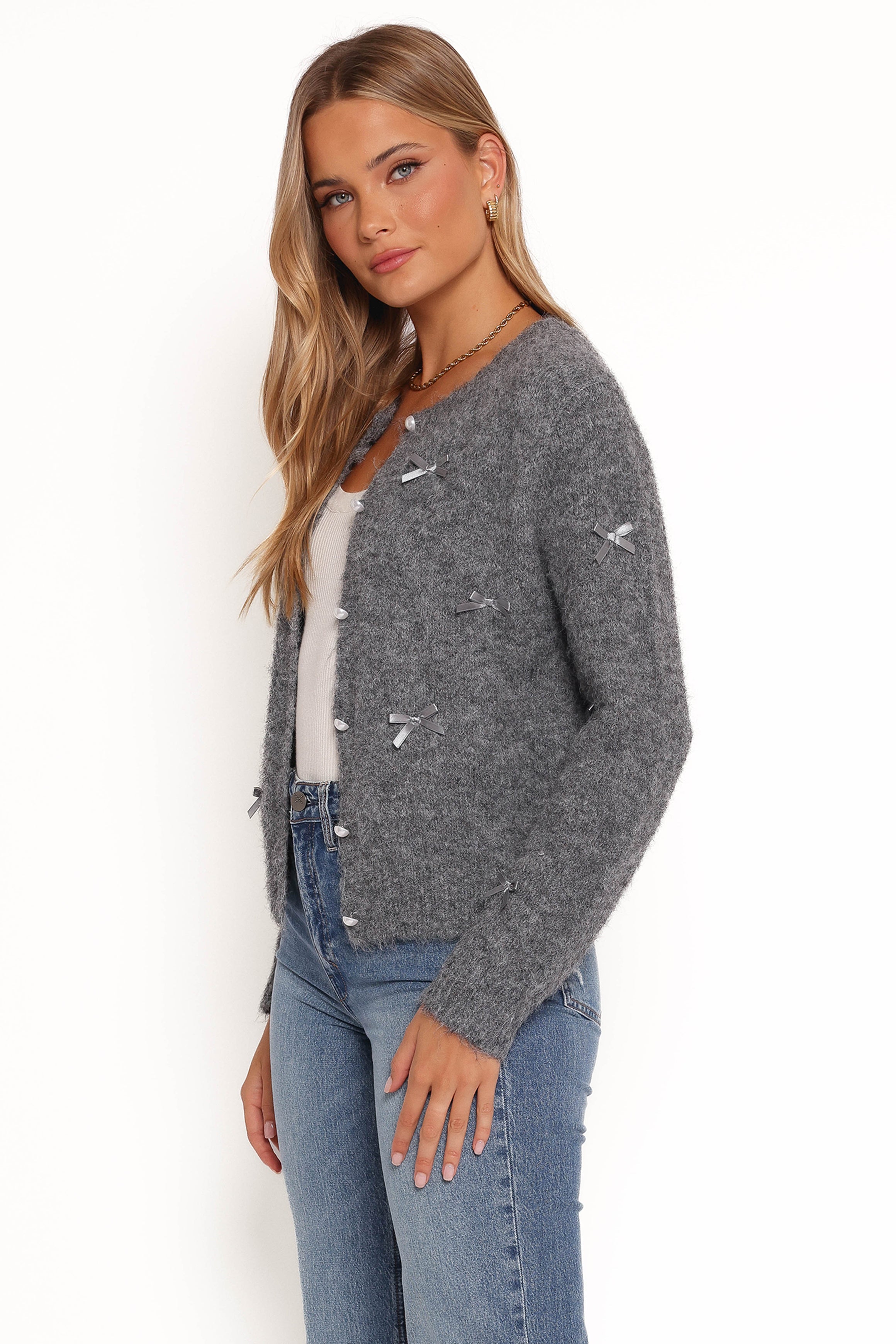 Petal and Pup USA KNITWEAR Mellie All Over Bow Button Front Cardigan - Grey