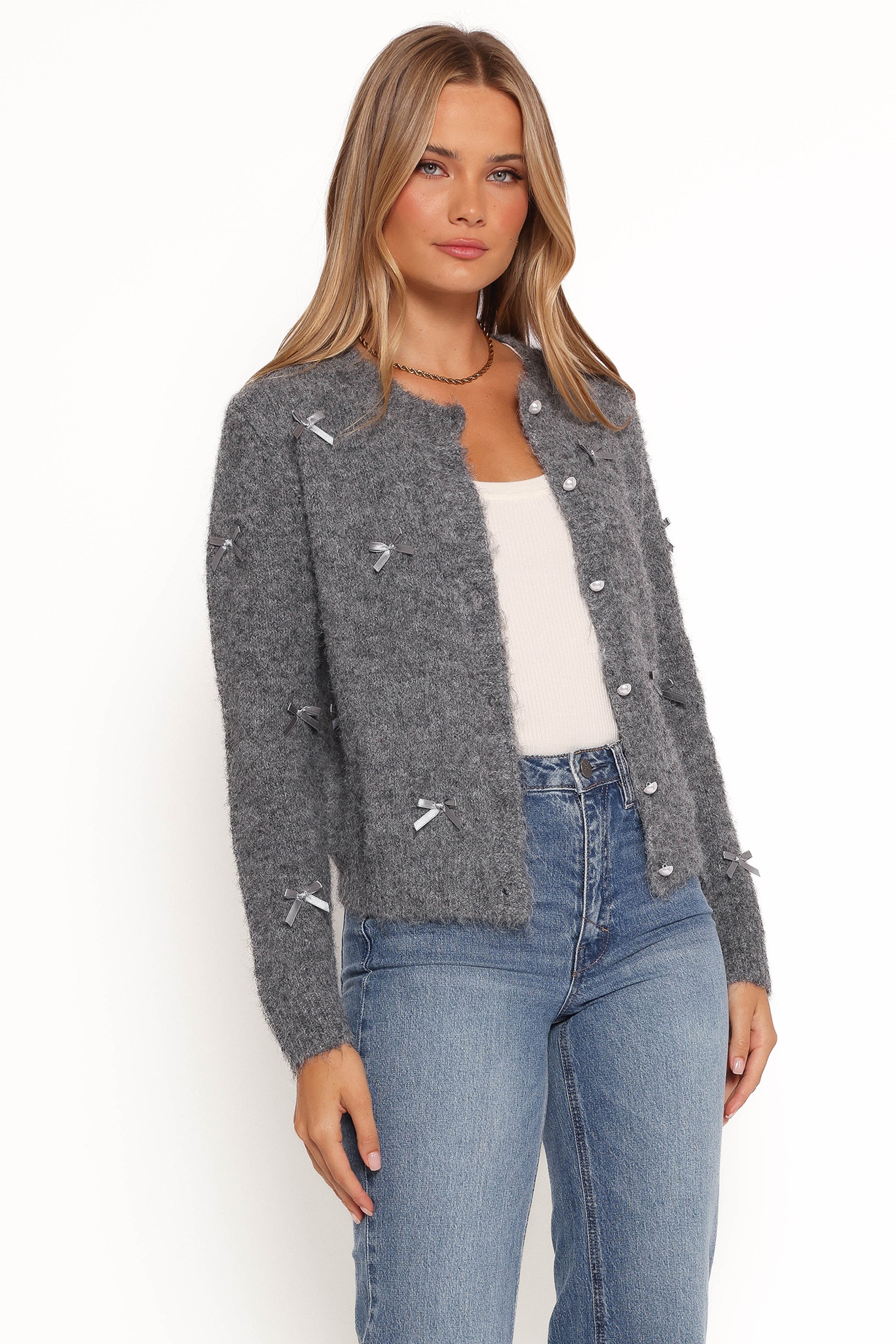 Petal and Pup USA KNITWEAR Mellie All Over Bow Button Front Cardigan - Grey
