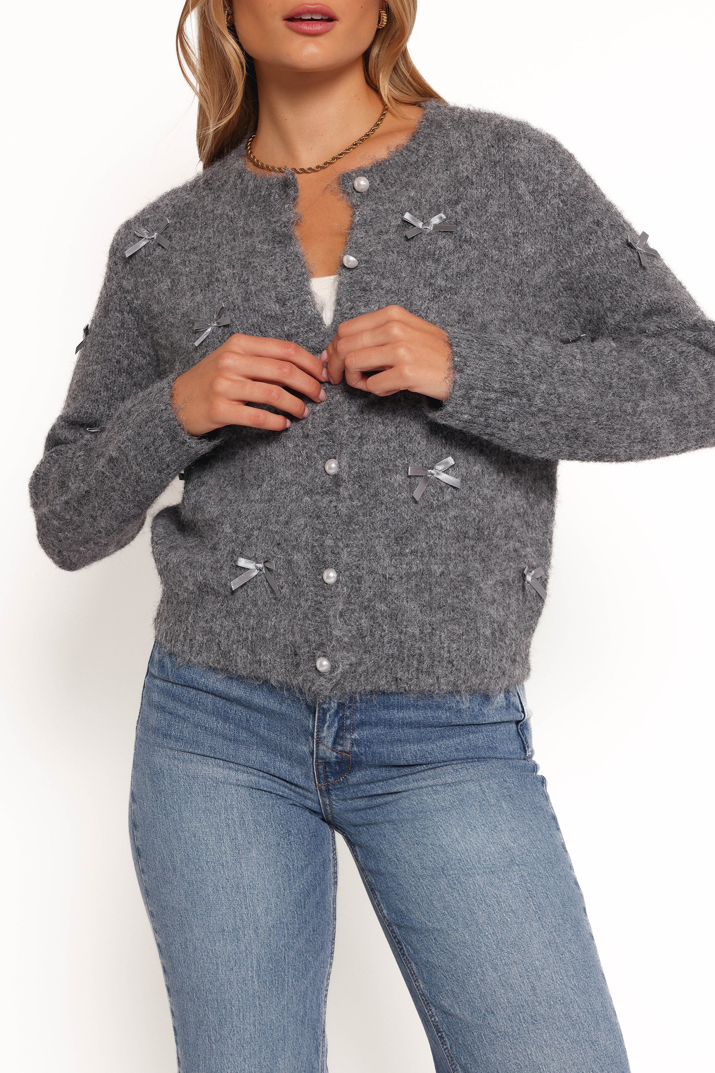 Mellie All Over Bow Button Front Cardigan - Grey | Petal & Pup USA