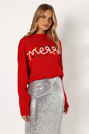 Petal and Pup USA KNITWEAR Merry Embellished Knit Sweater - Red