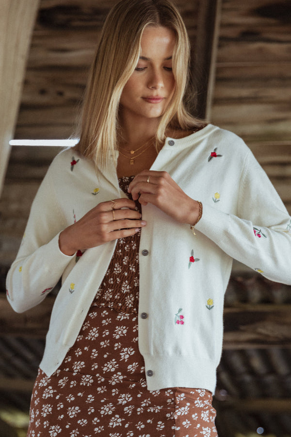 Petal and Pup USA KNITWEAR Millen Flower Embroidery Cardigan - Cream (Hold for Rack)