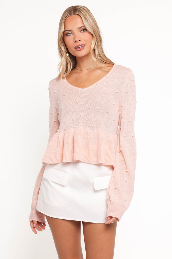 Petal and Pup USA KNITWEAR Molly Pearl Peplum Knit Sweater - Light Pink