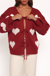 Petal and Pup USA KNITWEAR Nadine All Over Heart Tie Front Cardigan - Wine