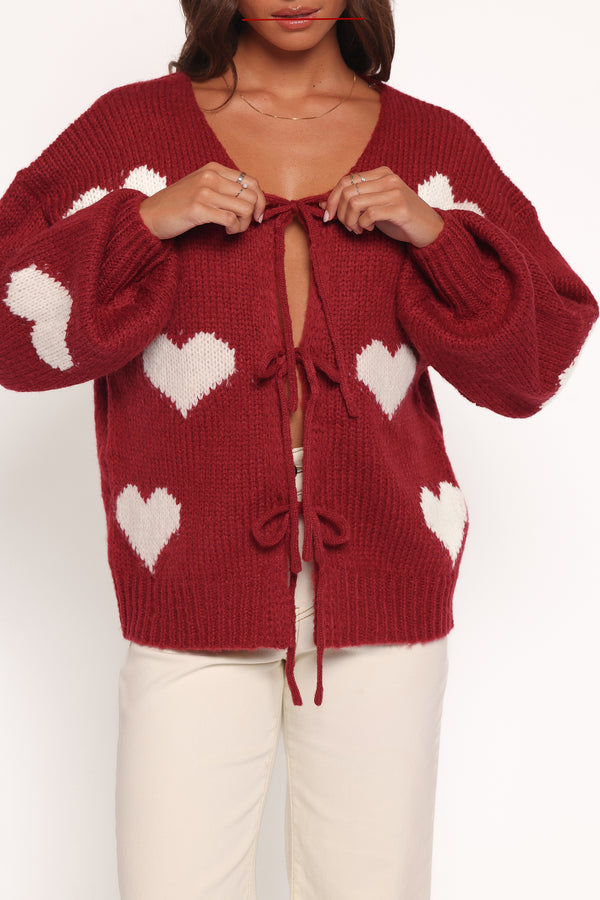 Petal and Pup USA KNITWEAR Nadine All Over Heart Tie Front Cardigan - Wine