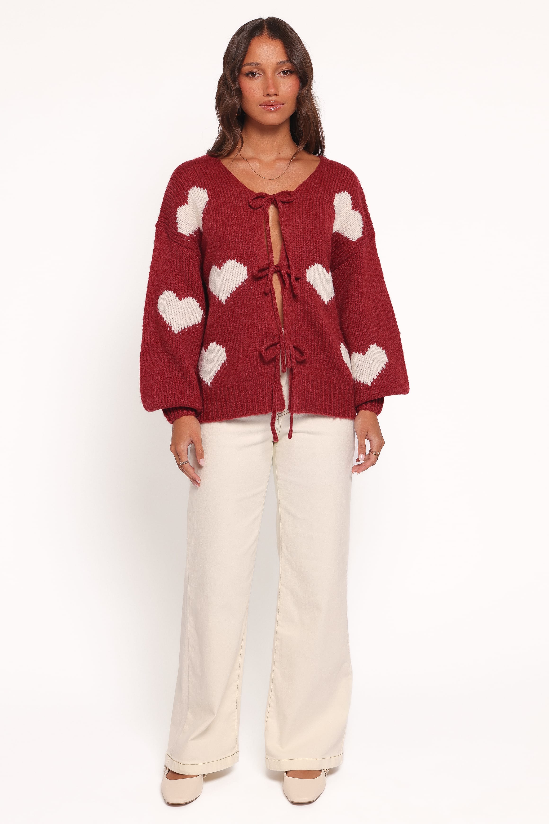 Petal and Pup USA KNITWEAR Nadine All Over Heart Tie Front Cardigan - Wine