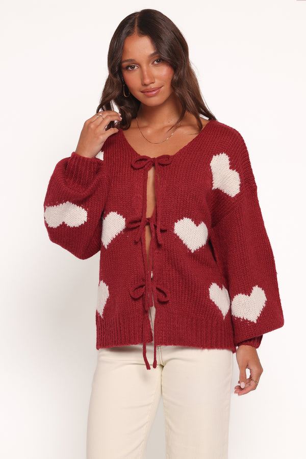 Petal and Pup USA KNITWEAR Nadine All Over Heart Tie Front Cardigan - Wine