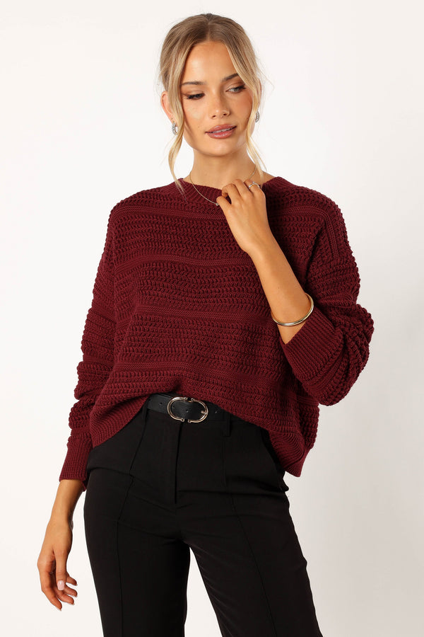 Petal and Pup USA KNITWEAR Nancy Crewneck Textured Knit Sweater - Burgundy