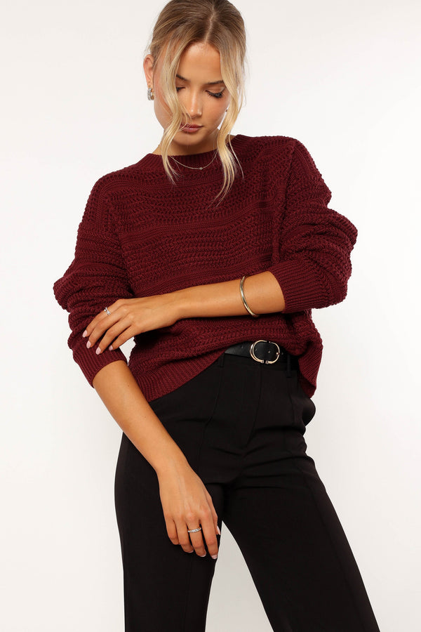 Petal and Pup USA KNITWEAR Nancy Crewneck Textured Knit Sweater - Burgundy