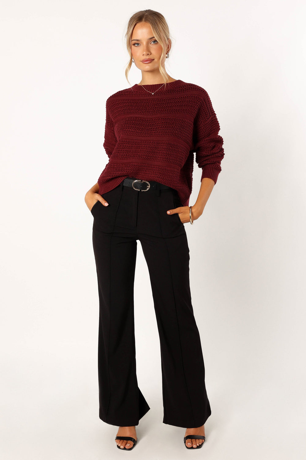 Nancy Crewneck Textured Knit Sweater - Burgundy - Petal & Pup USA