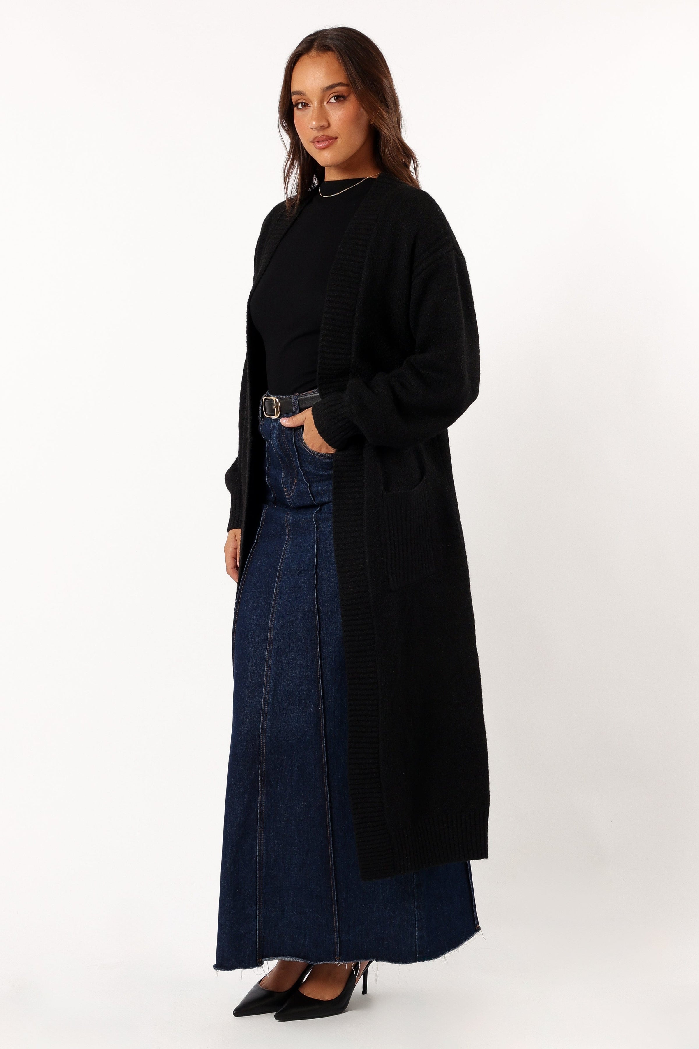 Petal and Pup USA KNITWEAR Nicolette Open Front Long Cardigan - Black