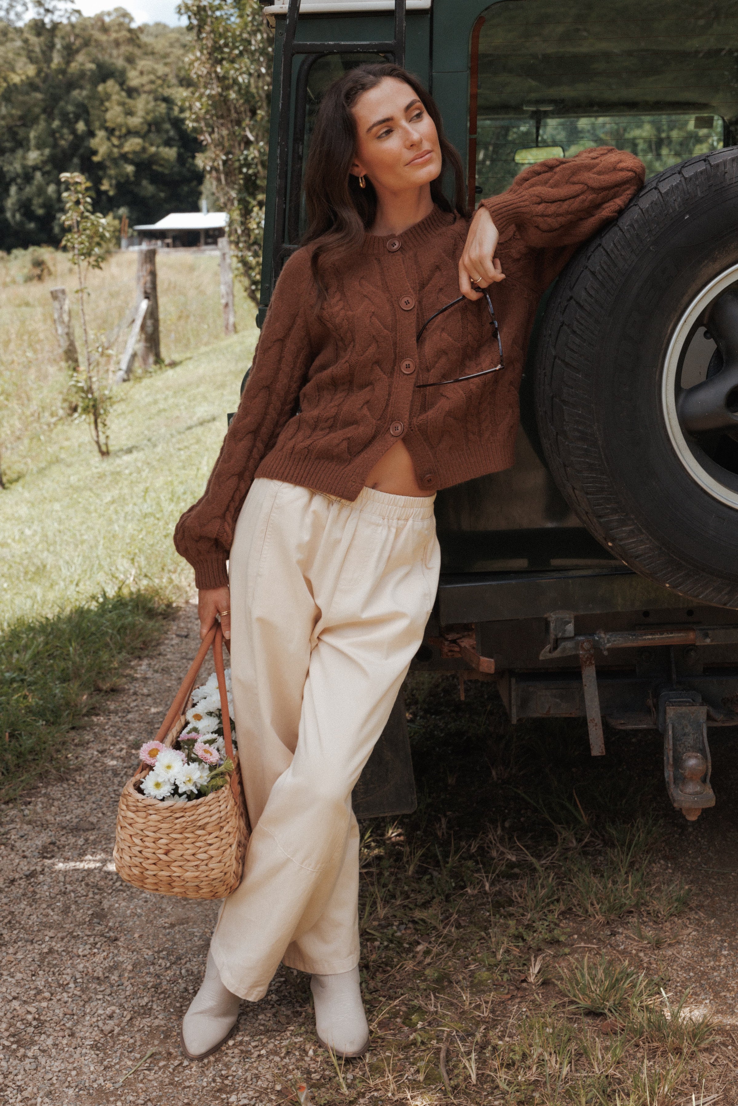 Petal and Pup USA KNITWEAR Nika Cable Knit Cardigan - Brown