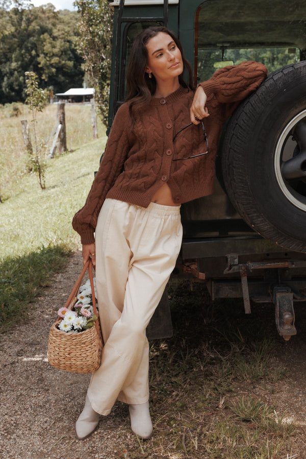 Petal and Pup USA KNITWEAR Nika Cable Knit Cardigan - Brown