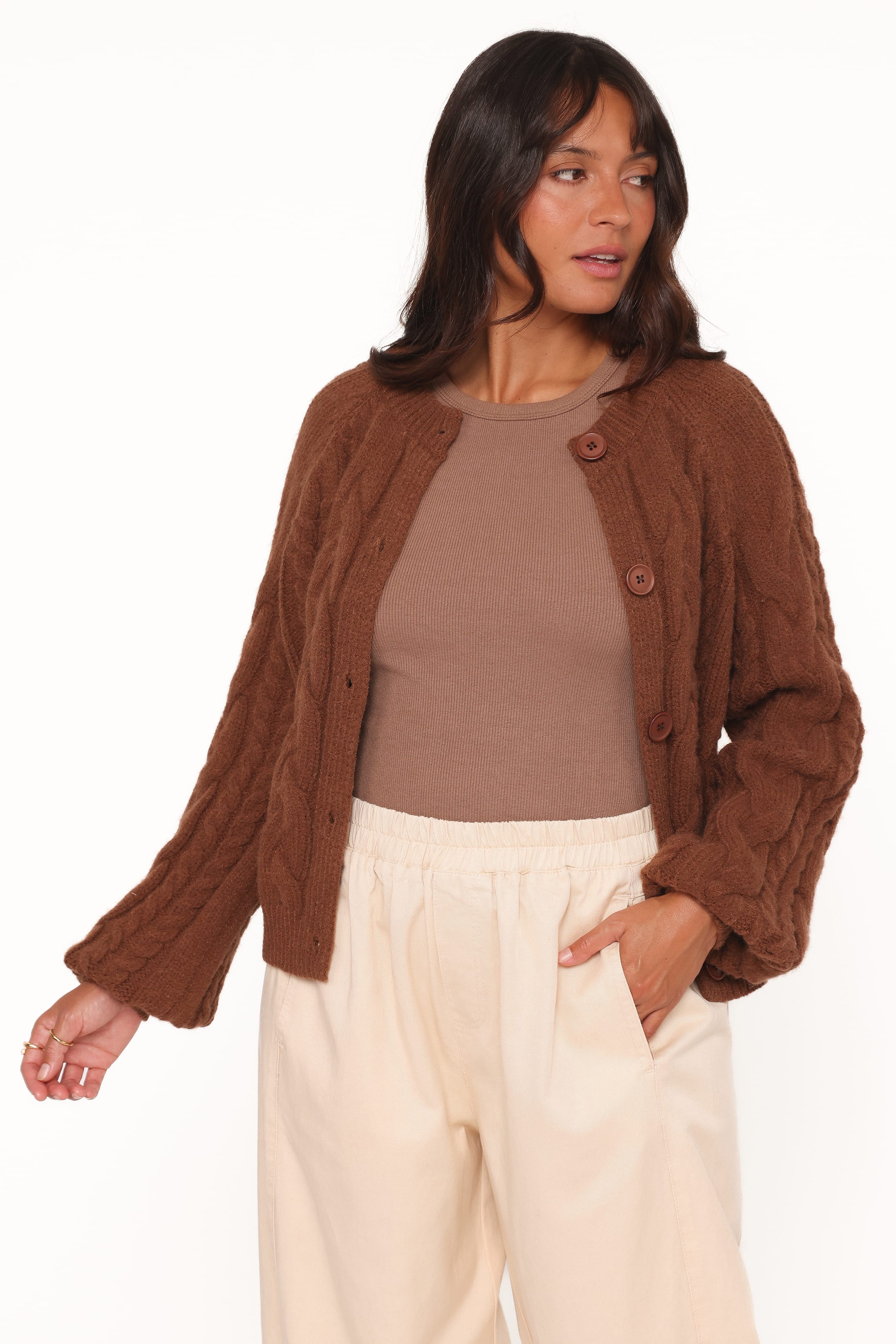 Petal and Pup USA KNITWEAR Nika Cable Knit Cardigan - Brown