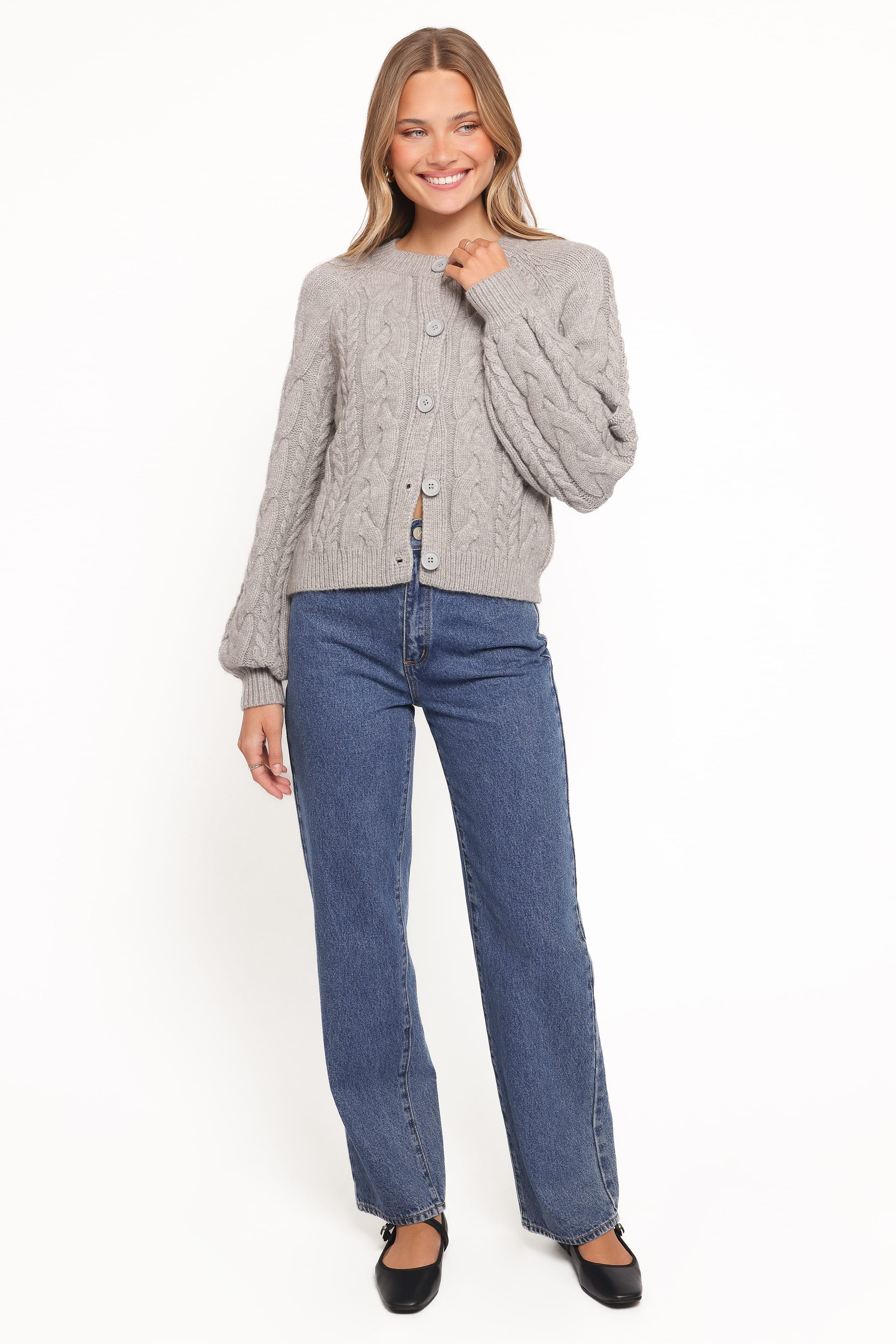 Petal and Pup USA KNITWEAR Nika Cable Knit Cardigan - Grey