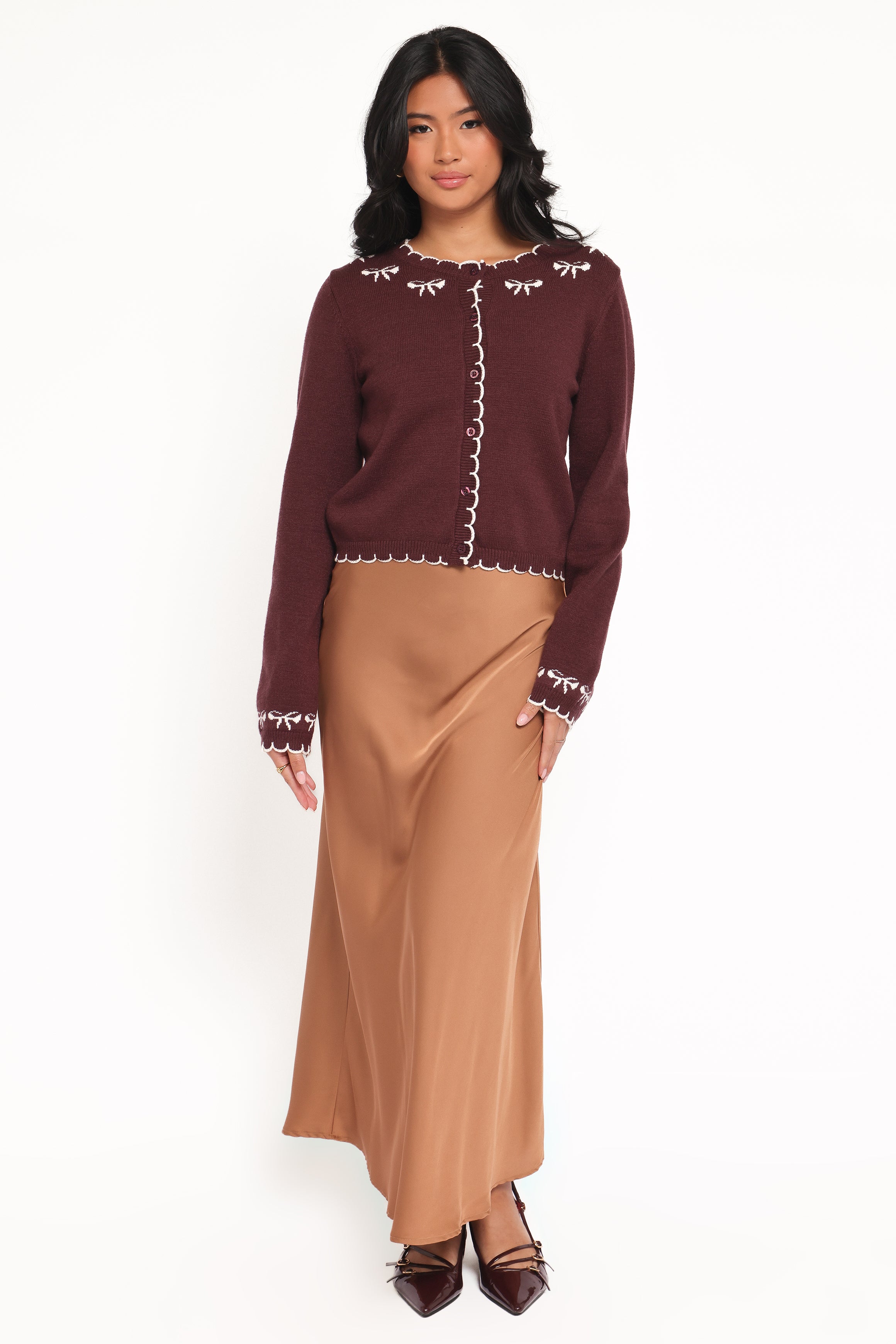 Petal and Pup USA KNITWEAR Payton Bow Scallop Cardigan - Plum