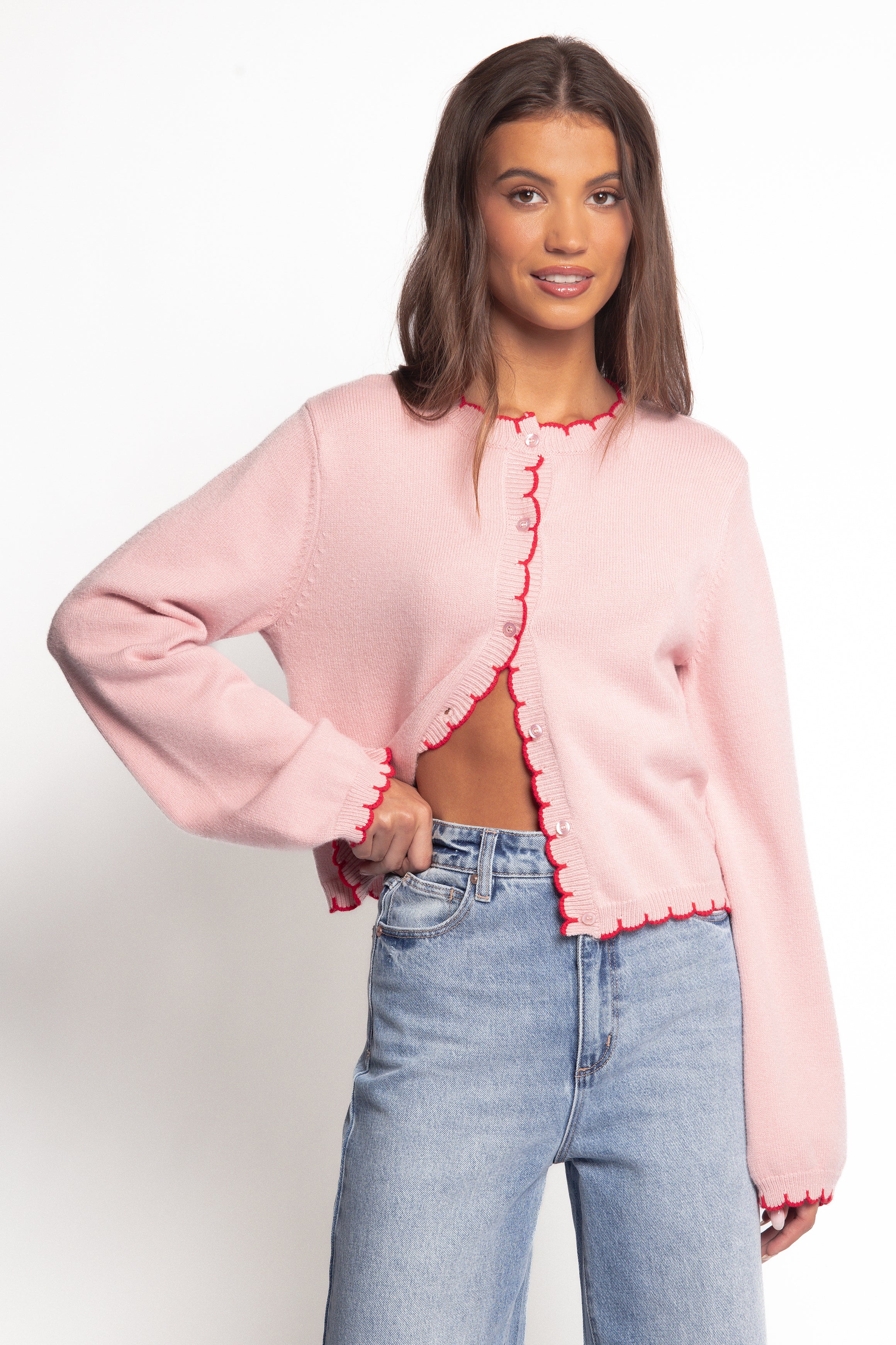 Petal and Pup USA KNITWEAR Payton Scallop Cardigan - Pink Red