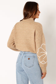 Rebecca Flower Embroidery Mockneck Knit Sweater - Taupe - Petal