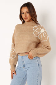 Rebecca Flower Embroidery Mockneck Knit Sweater - Taupe - Petal