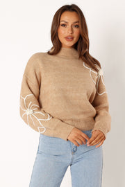Rebecca Flower Embroidery Mockneck Knit Sweater - Taupe - Petal
