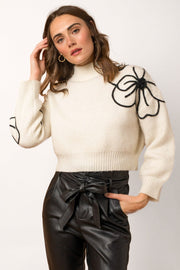 Rebecca Flower Embroidery Mockneck Knit Sweater - White - Petal