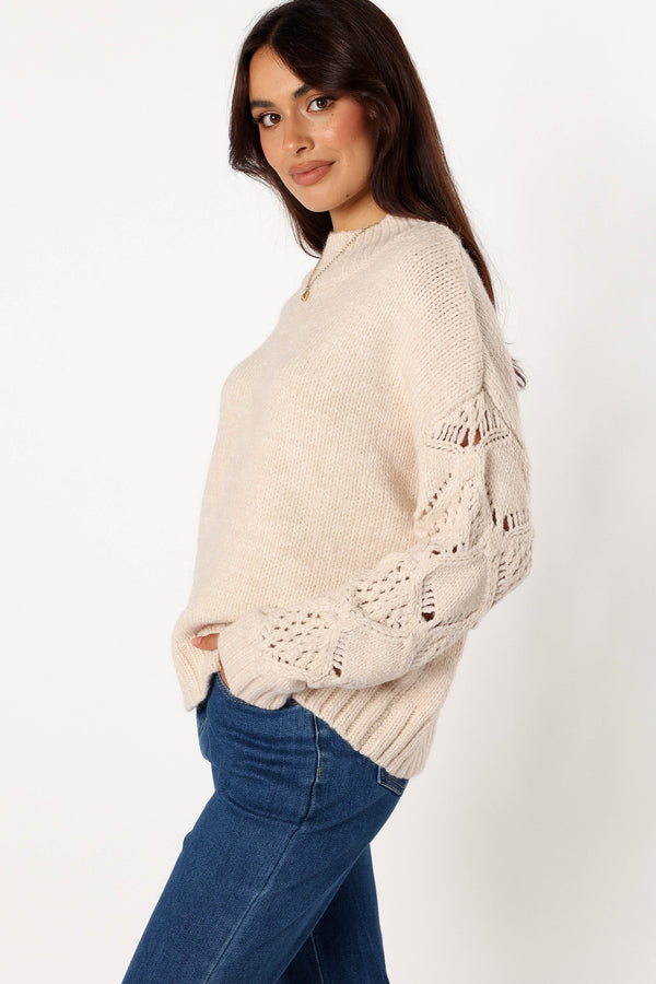 Petal and Pup USA KNITWEAR Rebekah Crochet Sleeve Knit Sweater - Cream