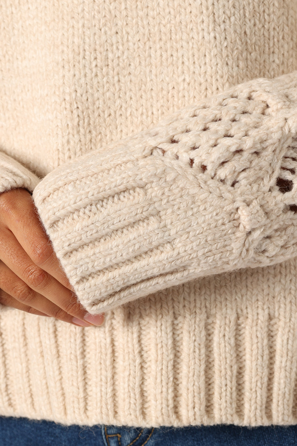Rebekah Crochet Sleeve Knit Sweater - Cream - Petal & Pup USA