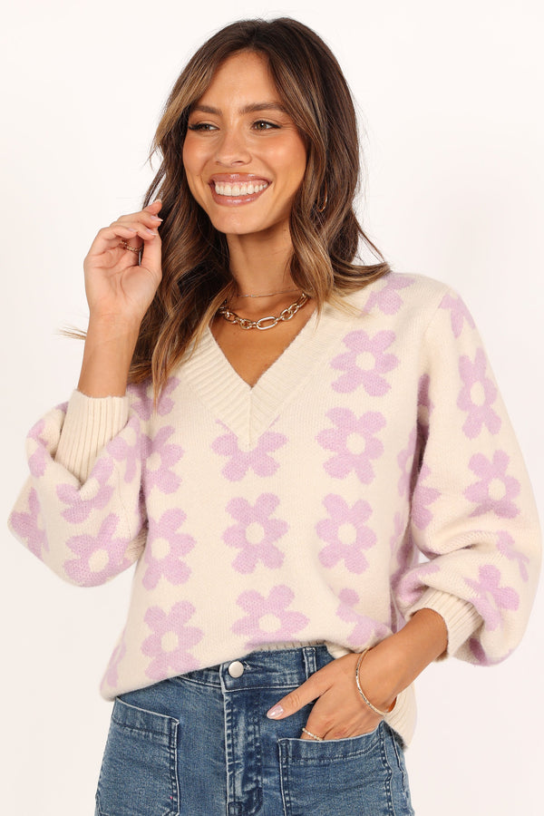 Petal and Pup USA KNITWEAR Remi Vneck Flower Knit Sweater - Lilac