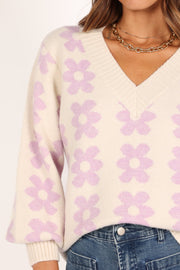 Petal and Pup USA KNITWEAR Remi Vneck Flower Knit Sweater - Lilac