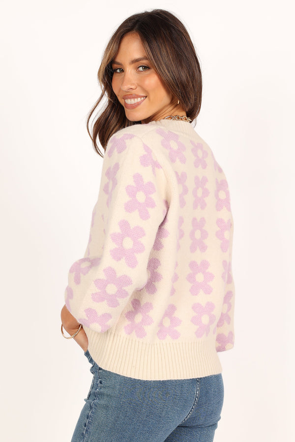 Petal and Pup USA KNITWEAR Remi Vneck Flower Knit Sweater - Lilac