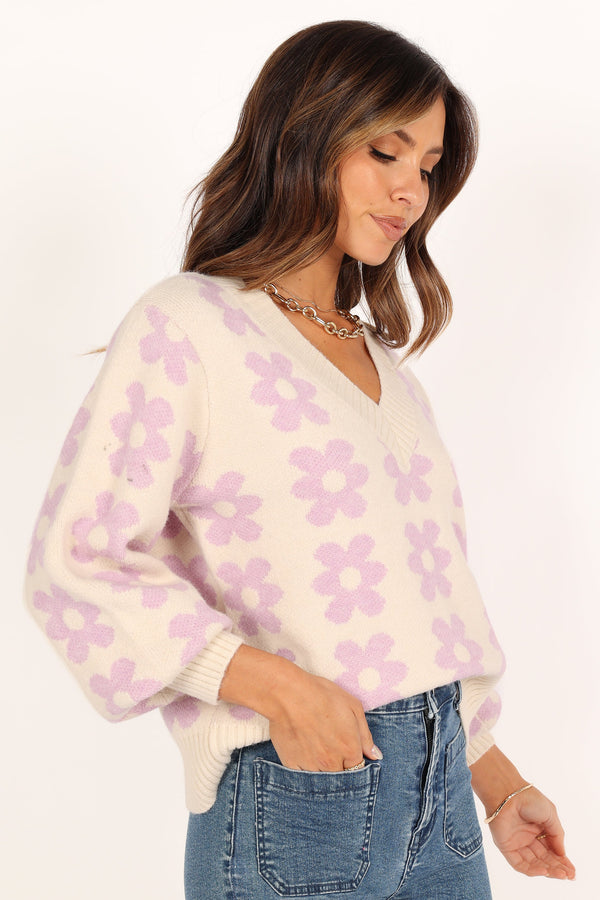 Petal and Pup USA KNITWEAR Remi Vneck Flower Knit Sweater - Lilac