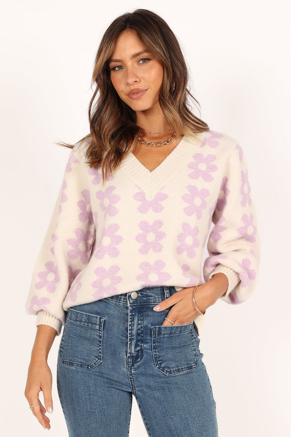 Petal and Pup USA KNITWEAR Remi Vneck Flower Knit Sweater - Lilac