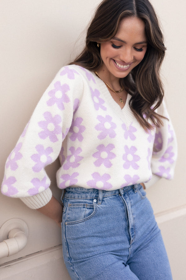 Petal and Pup USA KNITWEAR Remi Vneck Flower Knit Sweater - Lilac