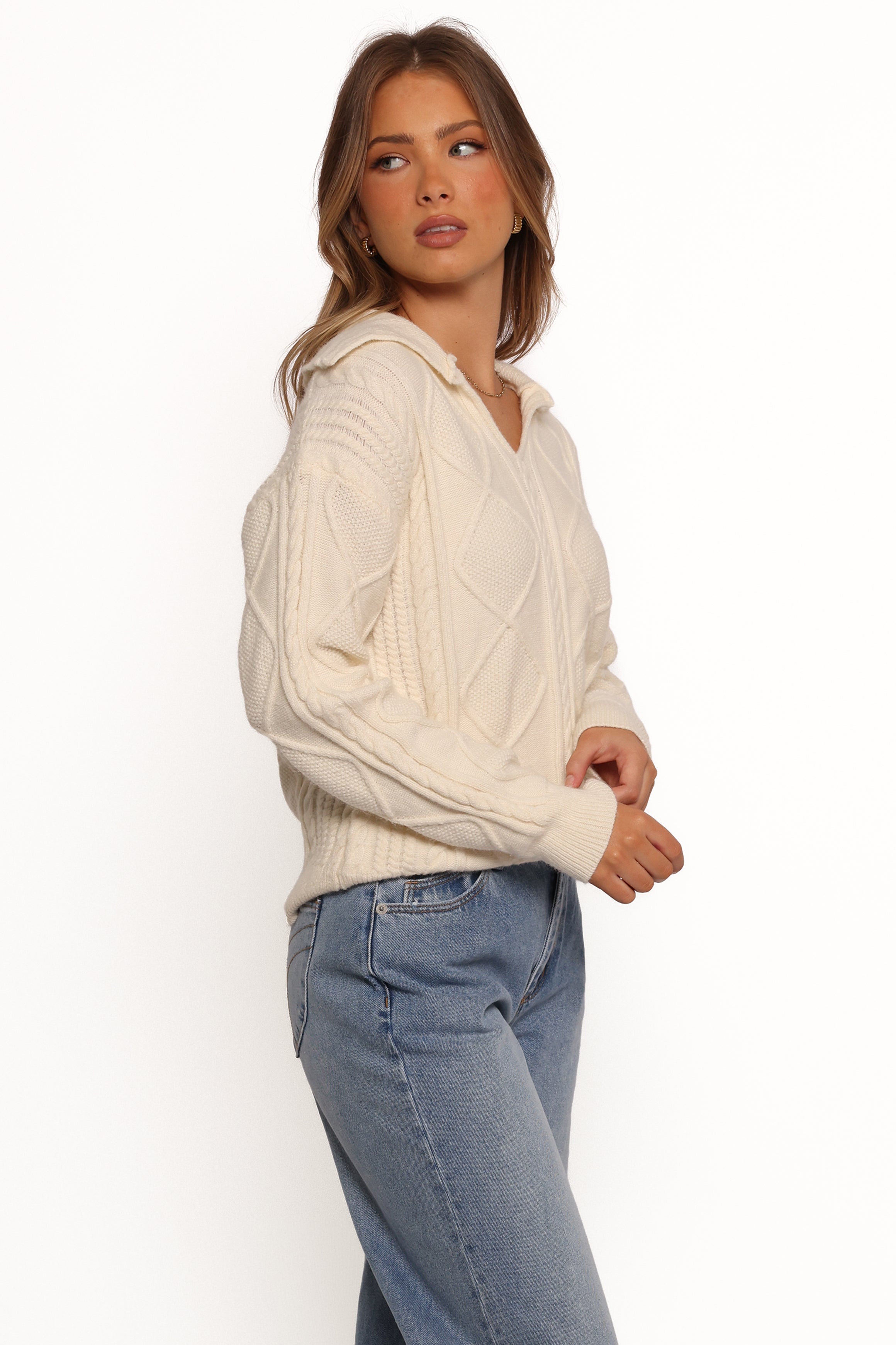 Petal and Pup USA KNITWEAR Robbie Collar Neck Cable Knit Sweater - Cream