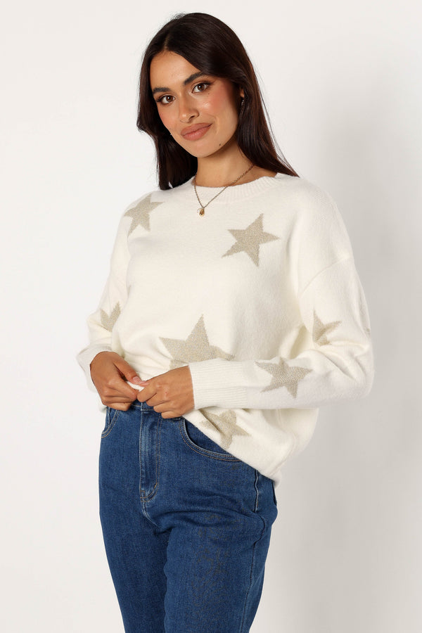 Petal and Pup USA KNITWEAR Rosalina Crewneck Shimmer Star Knit Sweater - Cream