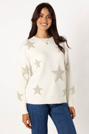 Petal and Pup USA KNITWEAR Rosalina Crewneck Shimmer Star Knit Sweater - Cream