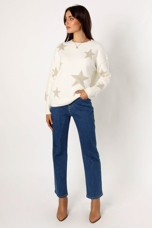 Petal and Pup USA KNITWEAR Rosalina Crewneck Shimmer Star Knit Sweater - Cream