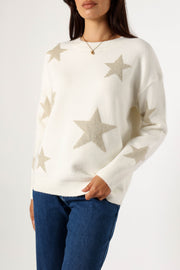 Petal and Pup USA KNITWEAR Rosalina Crewneck Shimmer Star Knit Sweater - Cream