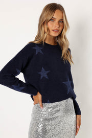 Petal and Pup USA KNITWEAR Rosalina Crewneck Shimmer Star Knit Sweater - Navy