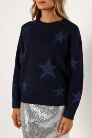 Petal and Pup USA KNITWEAR Rosalina Crewneck Shimmer Star Knit Sweater - Navy