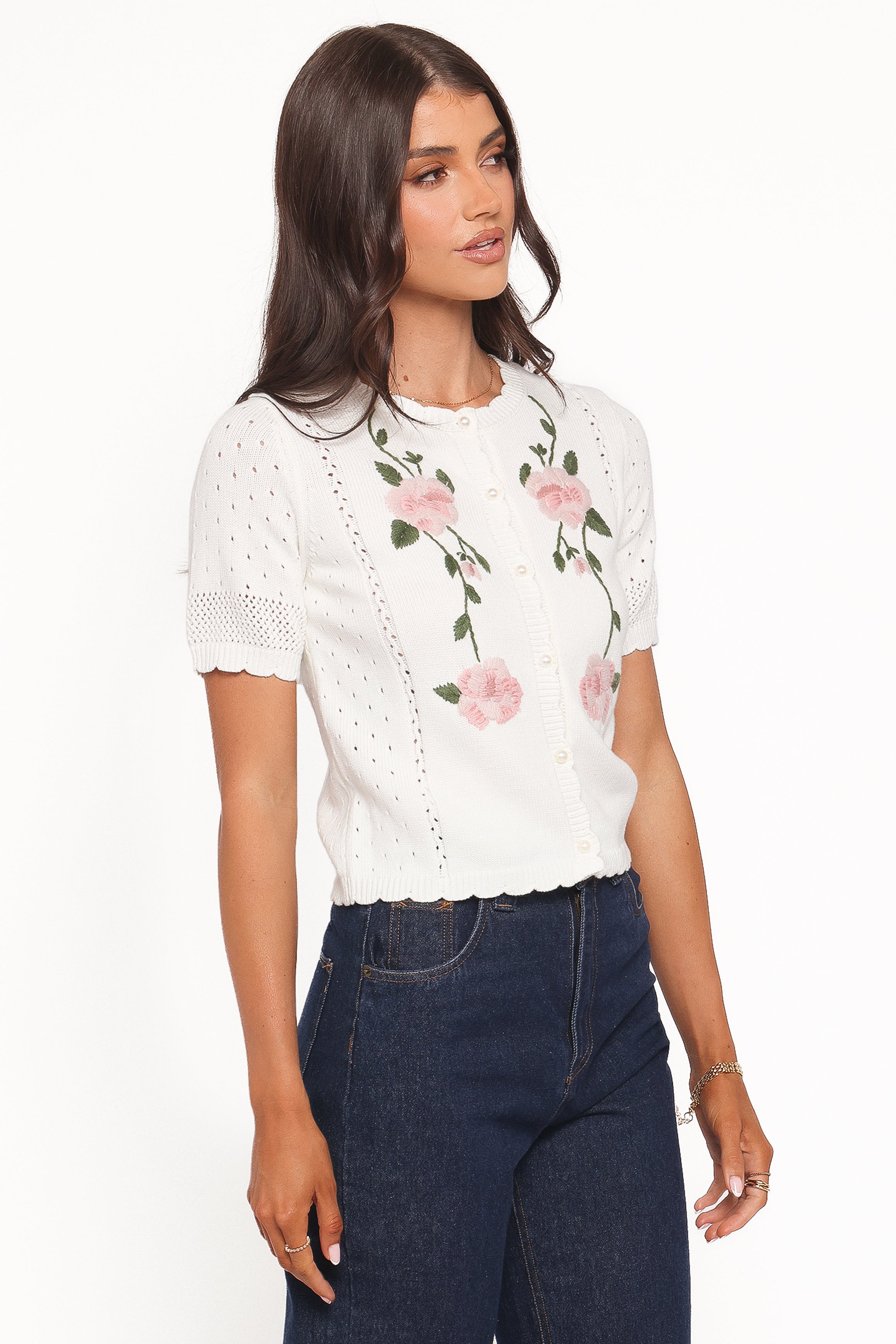 Petal and Pup USA KNITWEAR Rossi Floral Button Up Cardigan - White/Pink