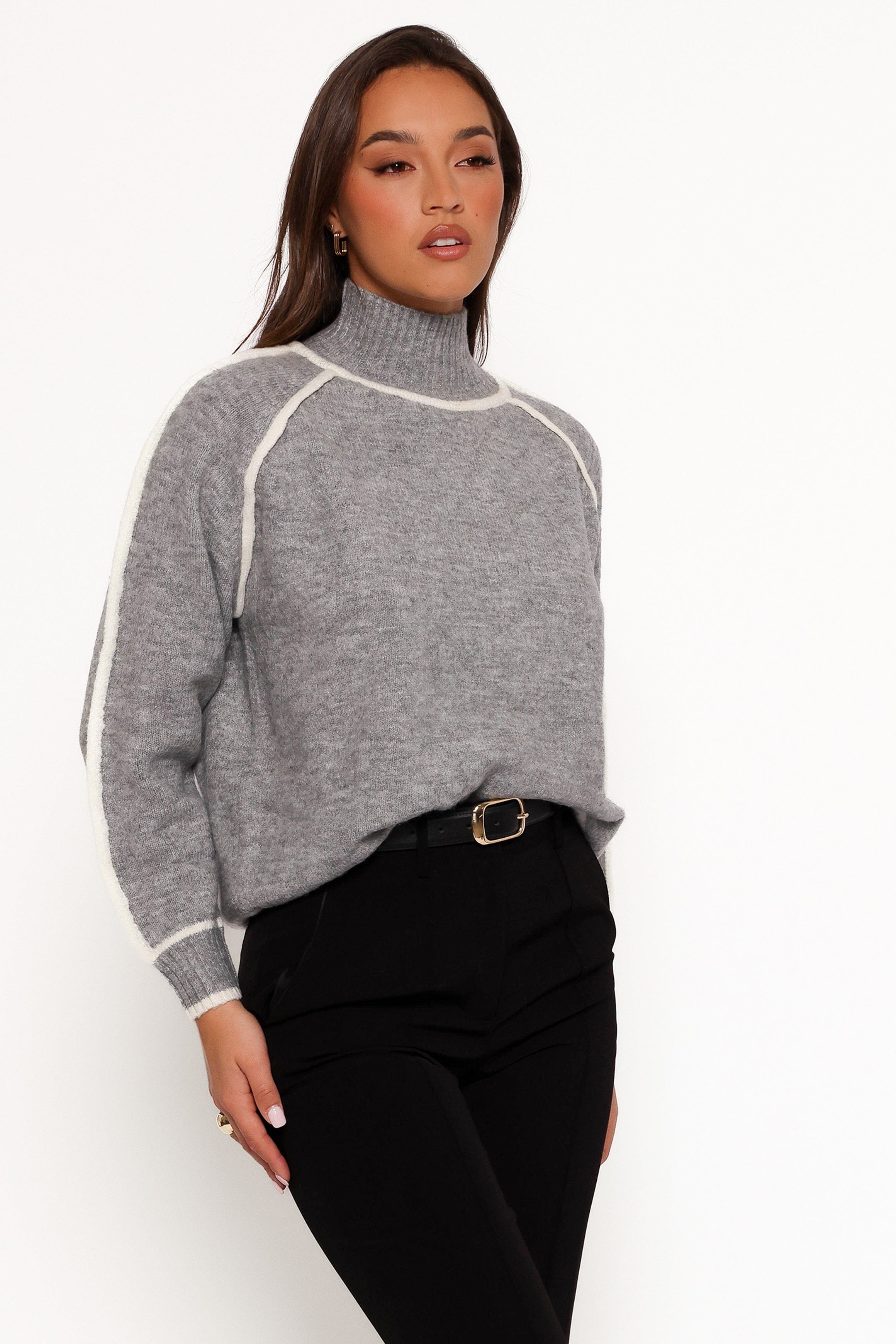 Petal and Pup USA KNITWEAR Rylee Contrast Hem Knit Sweater - Grey