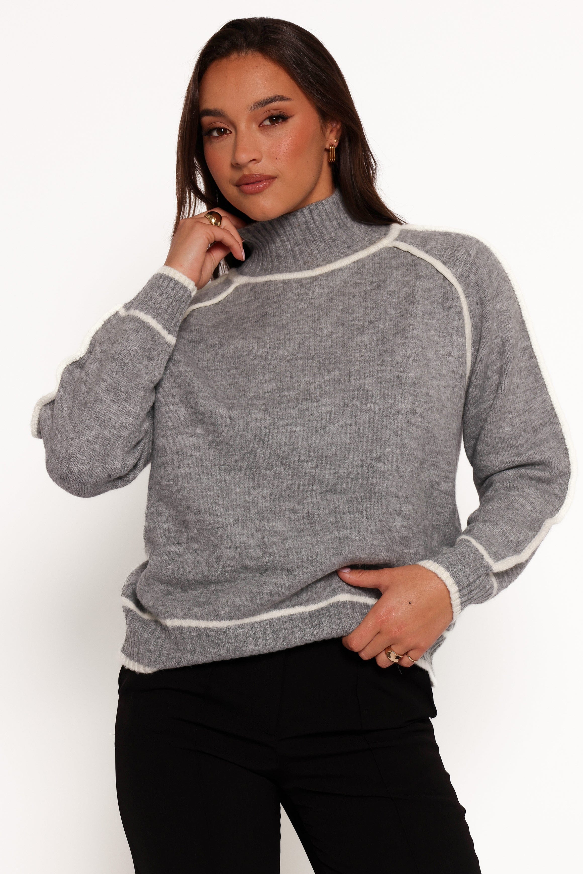 Petal and Pup USA KNITWEAR Rylee Contrast Hem Knit Sweater - Grey
