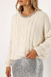 Petal and Pup USA KNITWEAR Ryleigh Jewel Embellished Crewneck Knit Sweater - Cream